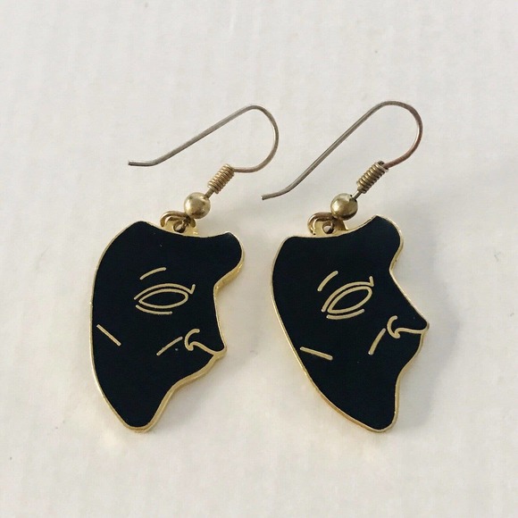 Phantom of The Opera Black Enamel Gold Earrings mask Dangle Hook Stamped - Picture 1 of 8